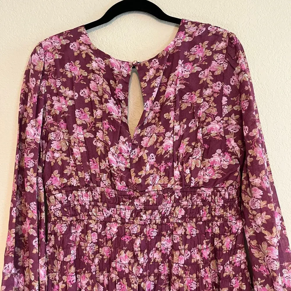 Free People Mini Dress Keep You Floral Long Sleeve Deep V-Neck Berry Combo Sz L
